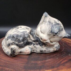Vintage Ceramic Sleeping Cat Figurine Gray Black White 5.5" Long Animal Decor
